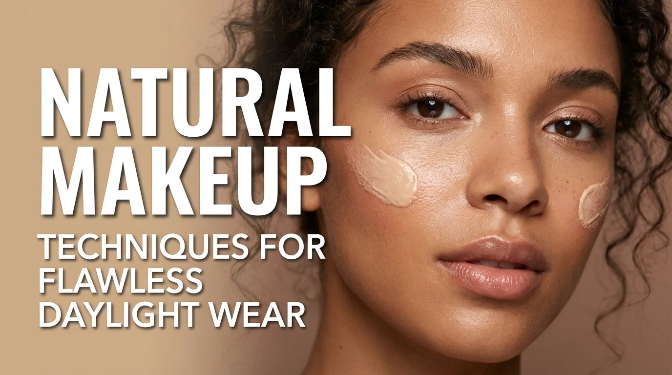 A close-up of a woman with a natural makeup look applying cream products to her face in soft outdoor daylight to achieve a radiant skin-like finish.