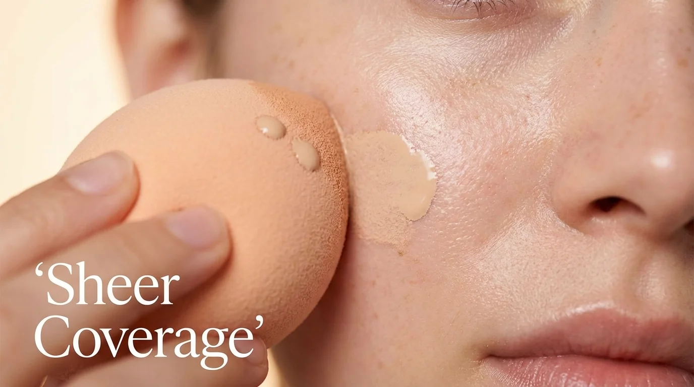 Applying sheer foundation with a damp sponge for a natural look.