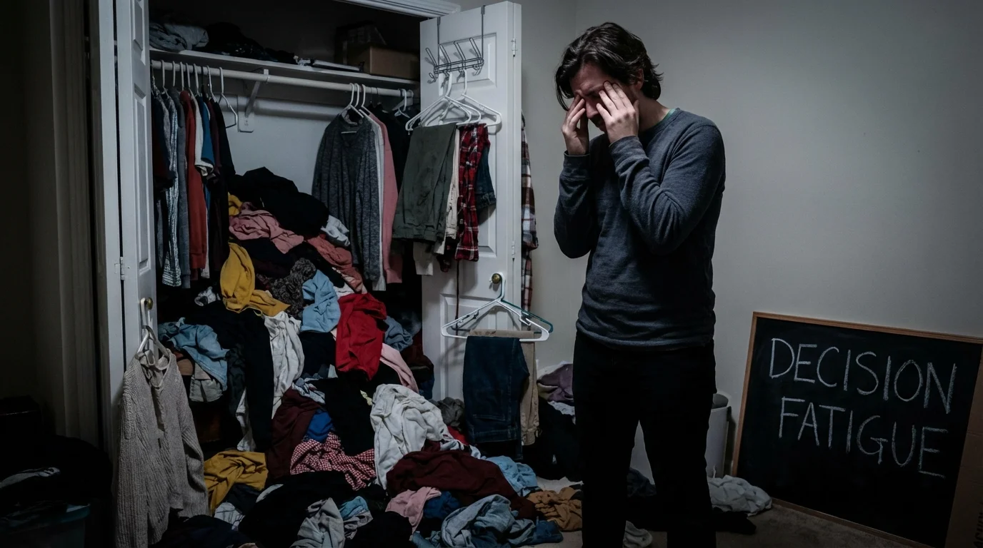 A person experiencing decision fatigue in front of a cluttered and messy wardrobe.