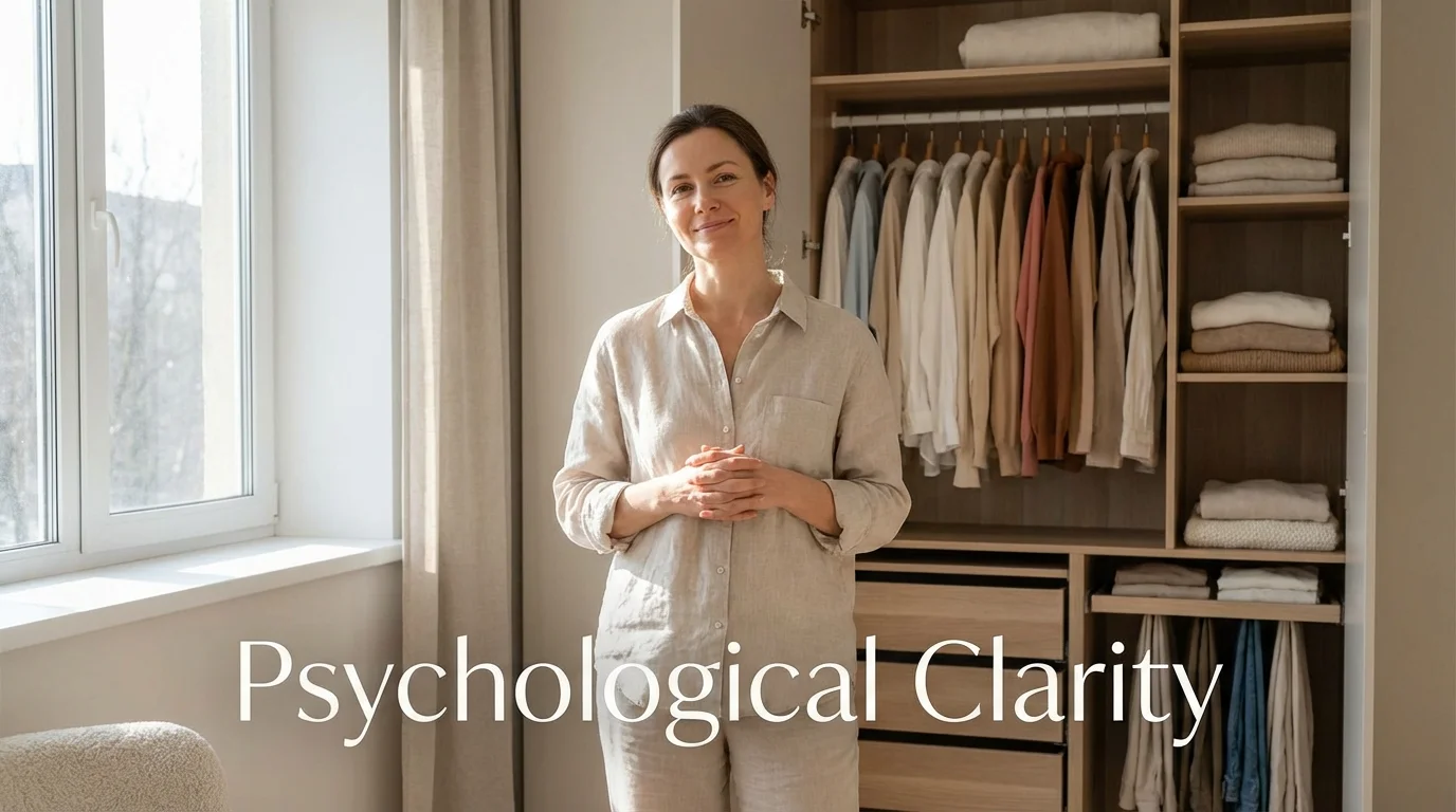 A woman experiencing the mental benefits of an organized, streamlined wardrobe.