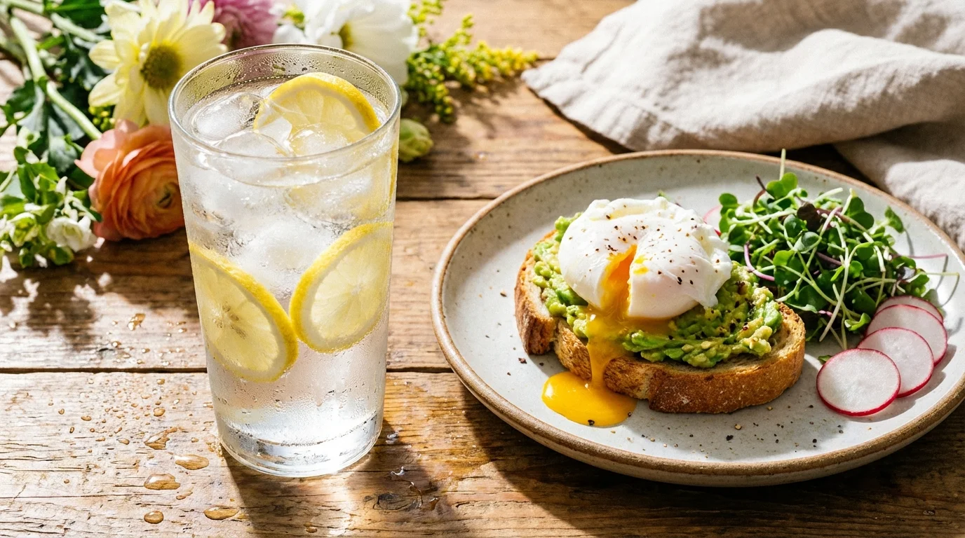 A glass of water and a protein-rich breakfast for morning energy.