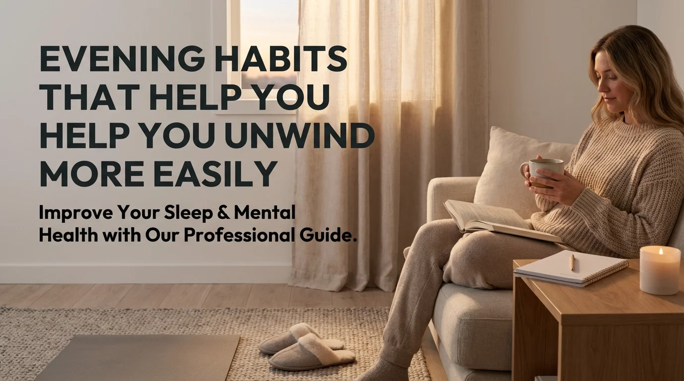 A person relaxing in a cozy, dimly lit room with a book and a warm cup of tea to demonstrate evening habits that help you unwind more easily