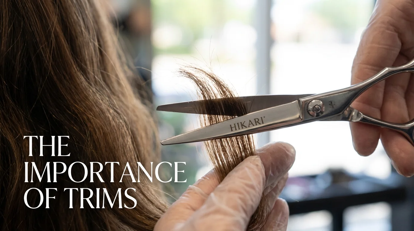 Professional hair scissors performing a clean trim on hair ends.