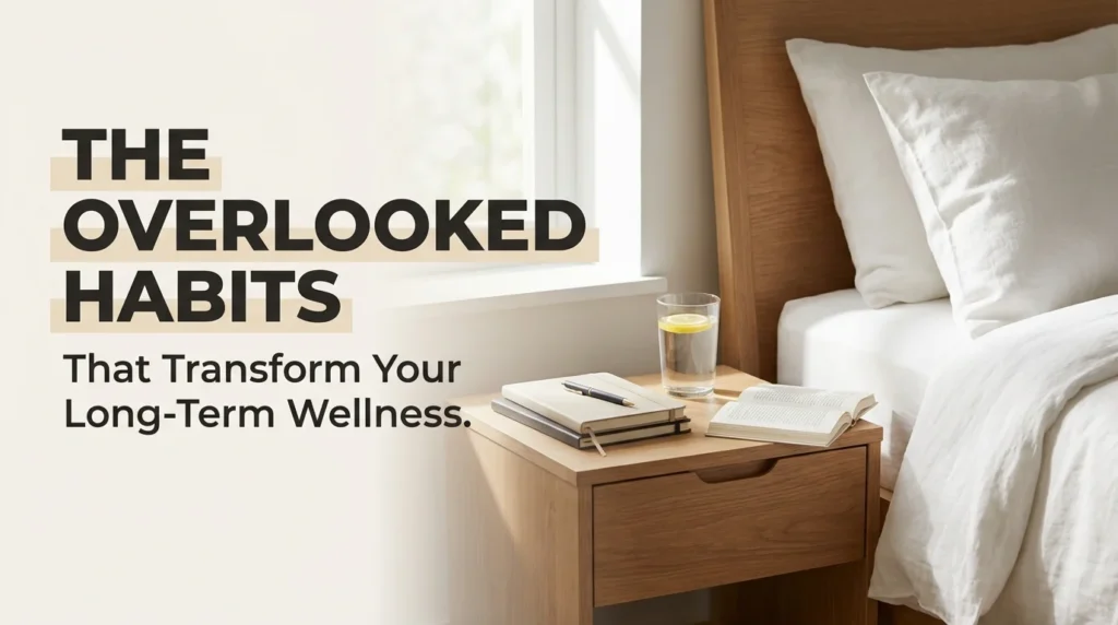 A collection of everyday wellness essentials including a glass of water, a supportive ergonomic chair, and a person getting restful sleep, representing overlooked health habits.