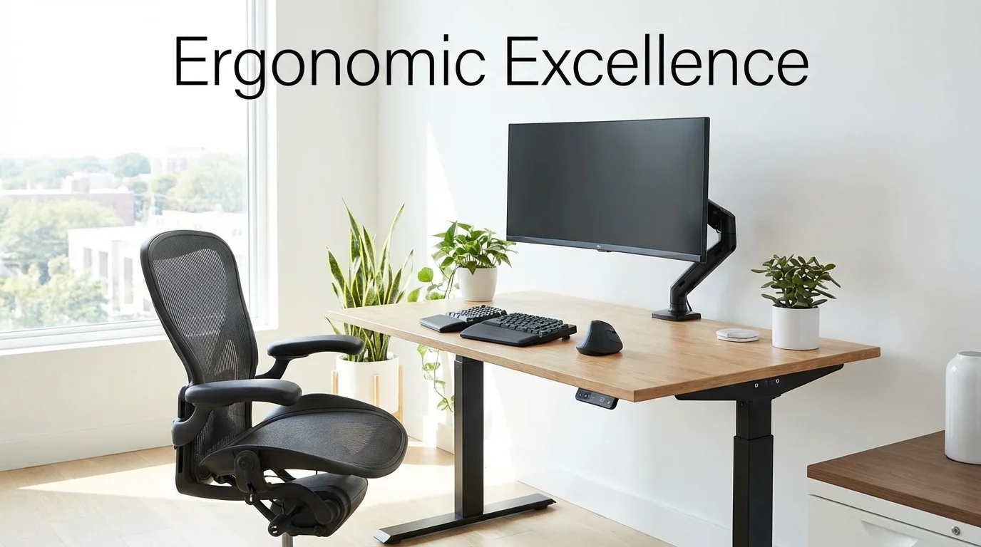 A modern ergonomic workspace designed to prevent musculoskeletal strain.