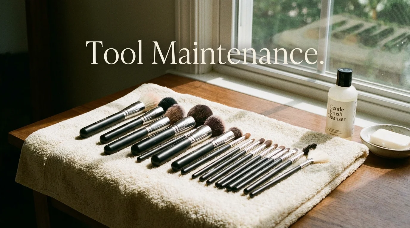 Clean makeup brushes and cleaning solution to ensure hygiene.