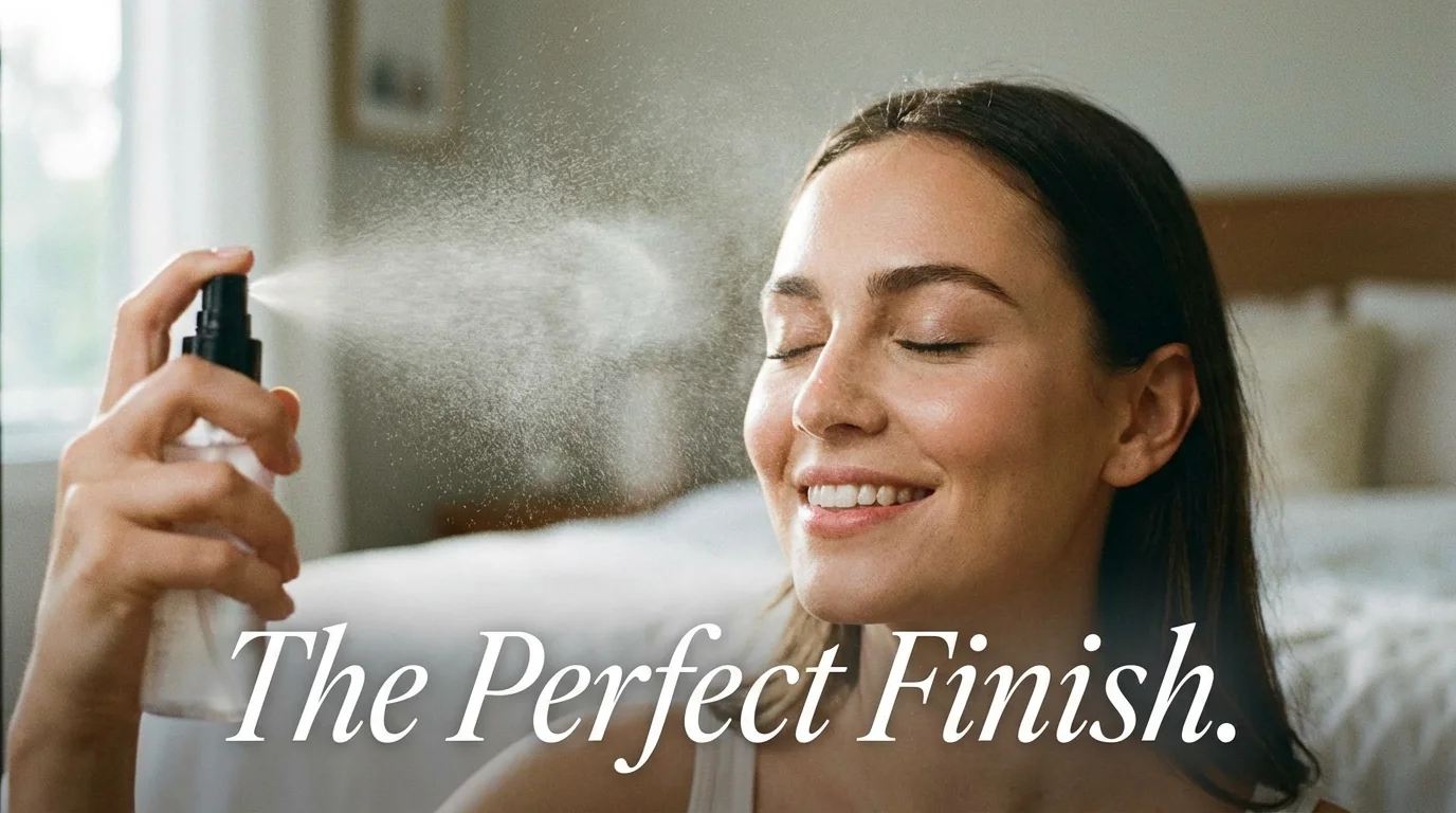 Woman using setting spray to lock in her effortless makeup look.