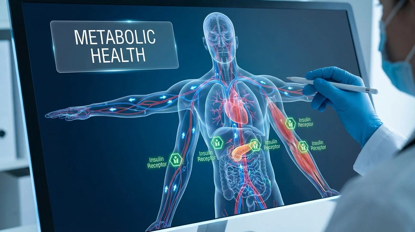 A medical illustration of blood flow and insulin sensitivity pathways influenced by movement.