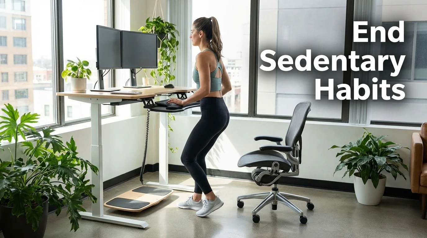 A person using a height-adjustable standing desk in a bright, modern office.
