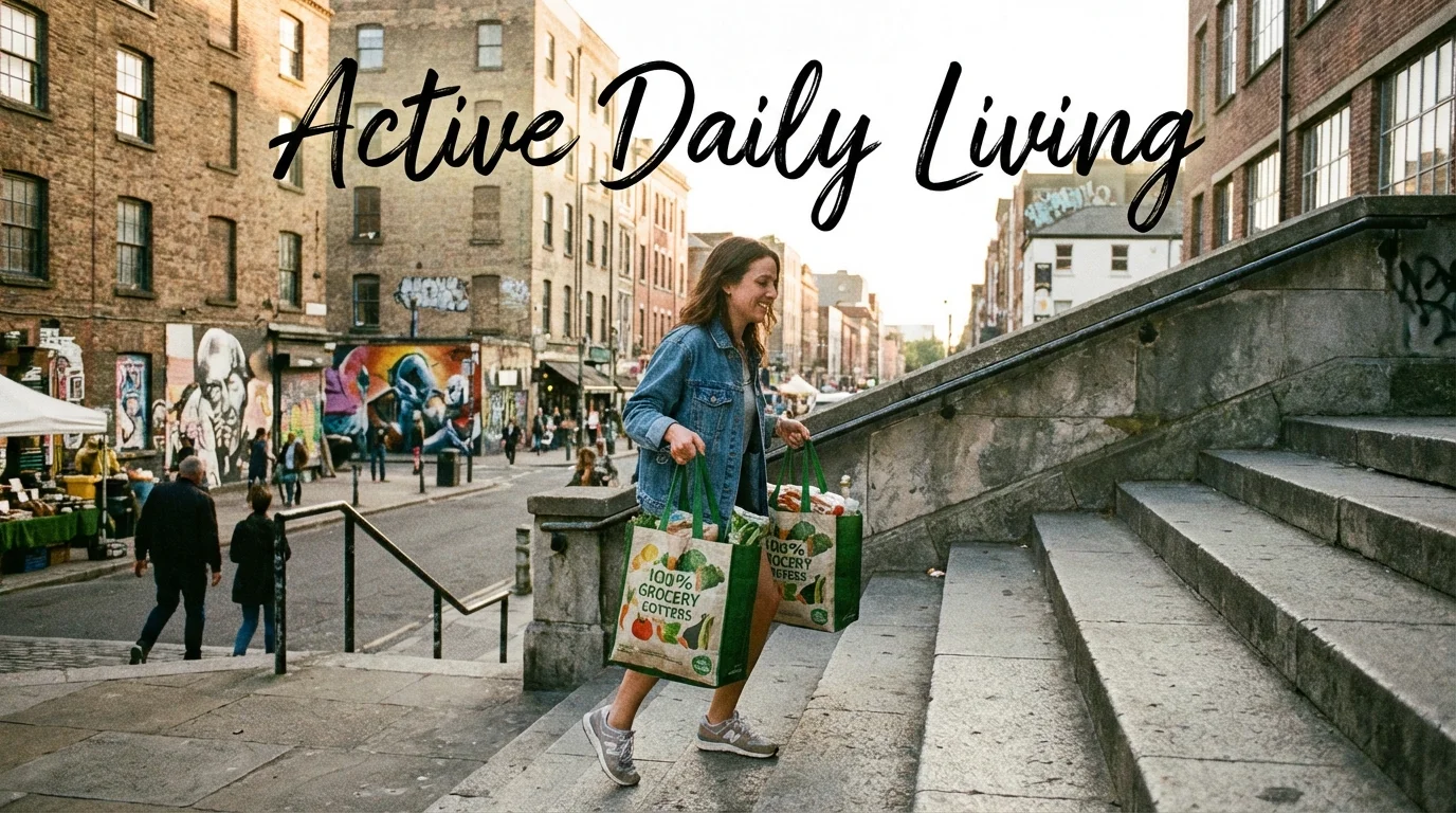 A person choosing to take the stairs while carrying bags, illustrating daily movement.