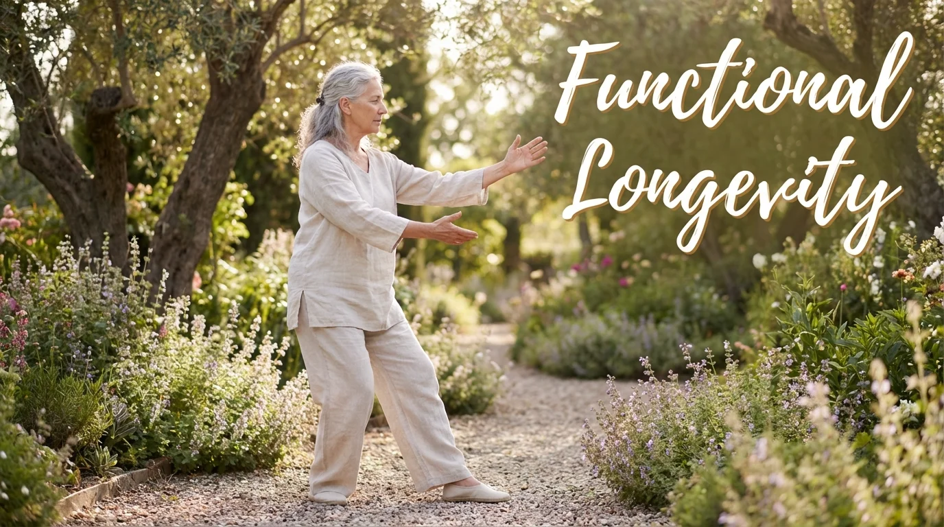 An older individual performing fluid, graceful movements outdoors to maintain joint health.