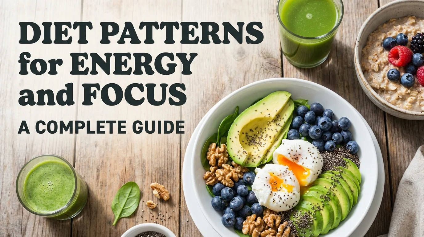 A balanced arrangement of nutrient-dense foods including fresh vegetables, healthy fats, and proteins representing diet patterns for sustained energy and cognitive focus.