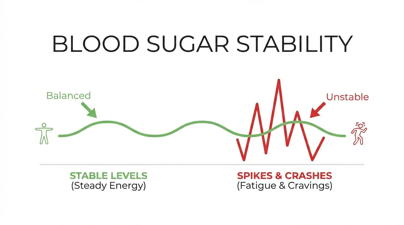 Infographic comparing stable blood sugar levels with spikes and crashes for cognitive focus.