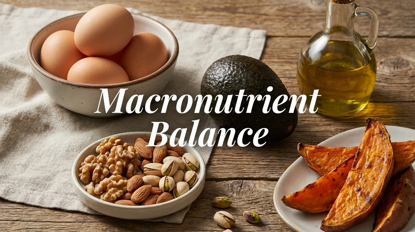 A variety of whole foods representing the balance of proteins, fats, and carbohydrates.