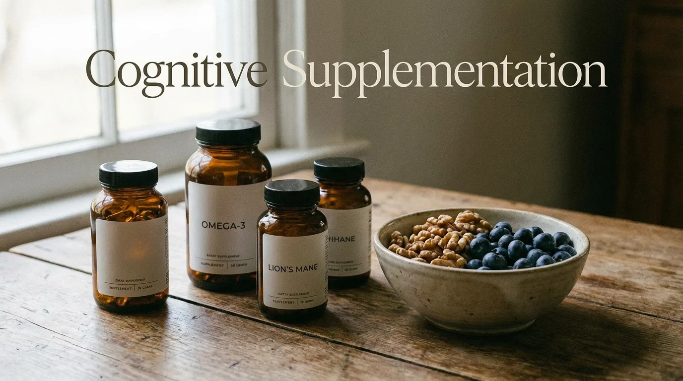 Supplements and brain-healthy foods arranged professionally on a wooden surface.