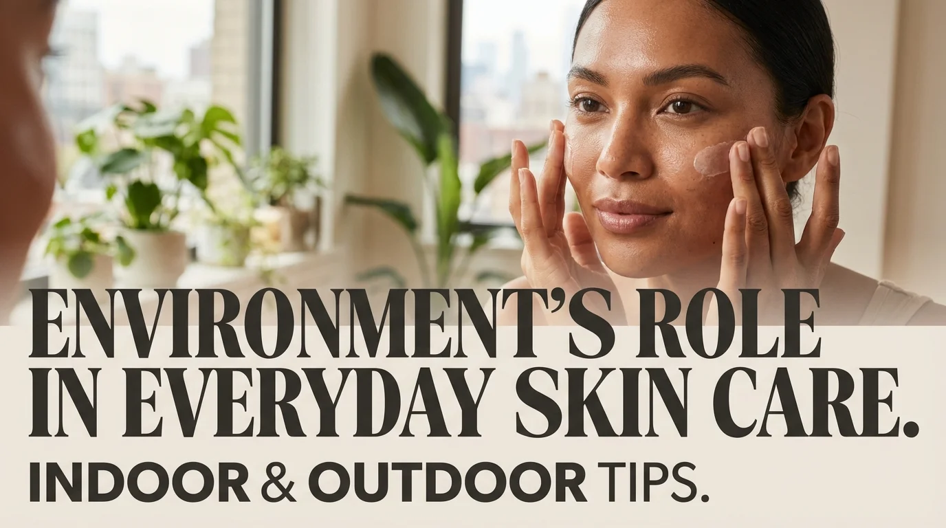 An illustrative split-screen showing a person's face exposed to indoor air conditioning stressors and outdoor urban pollution and sunlight for environmental skincare protection.