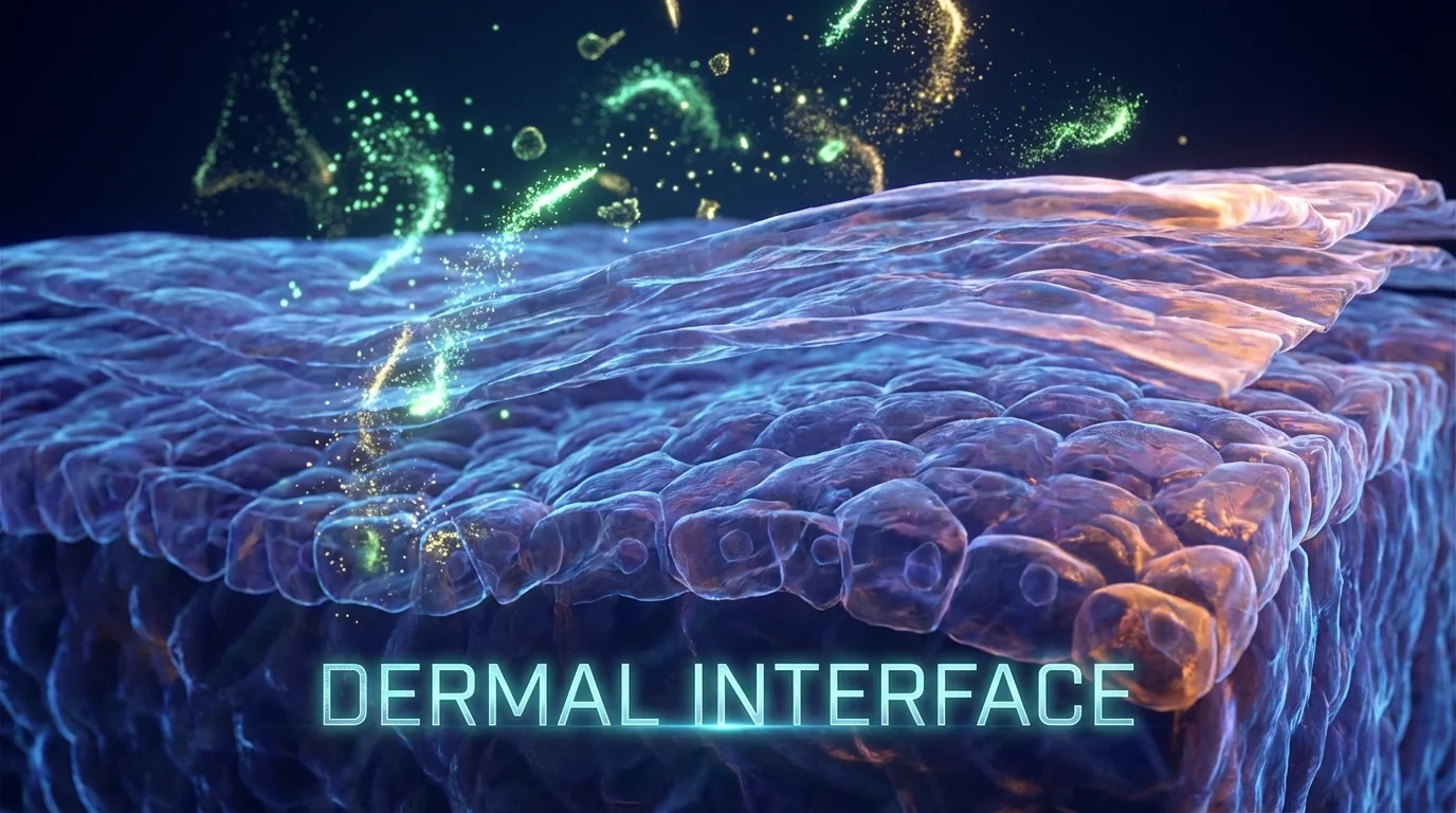 Microscopic view of skin layers interacting with environmental stressors.