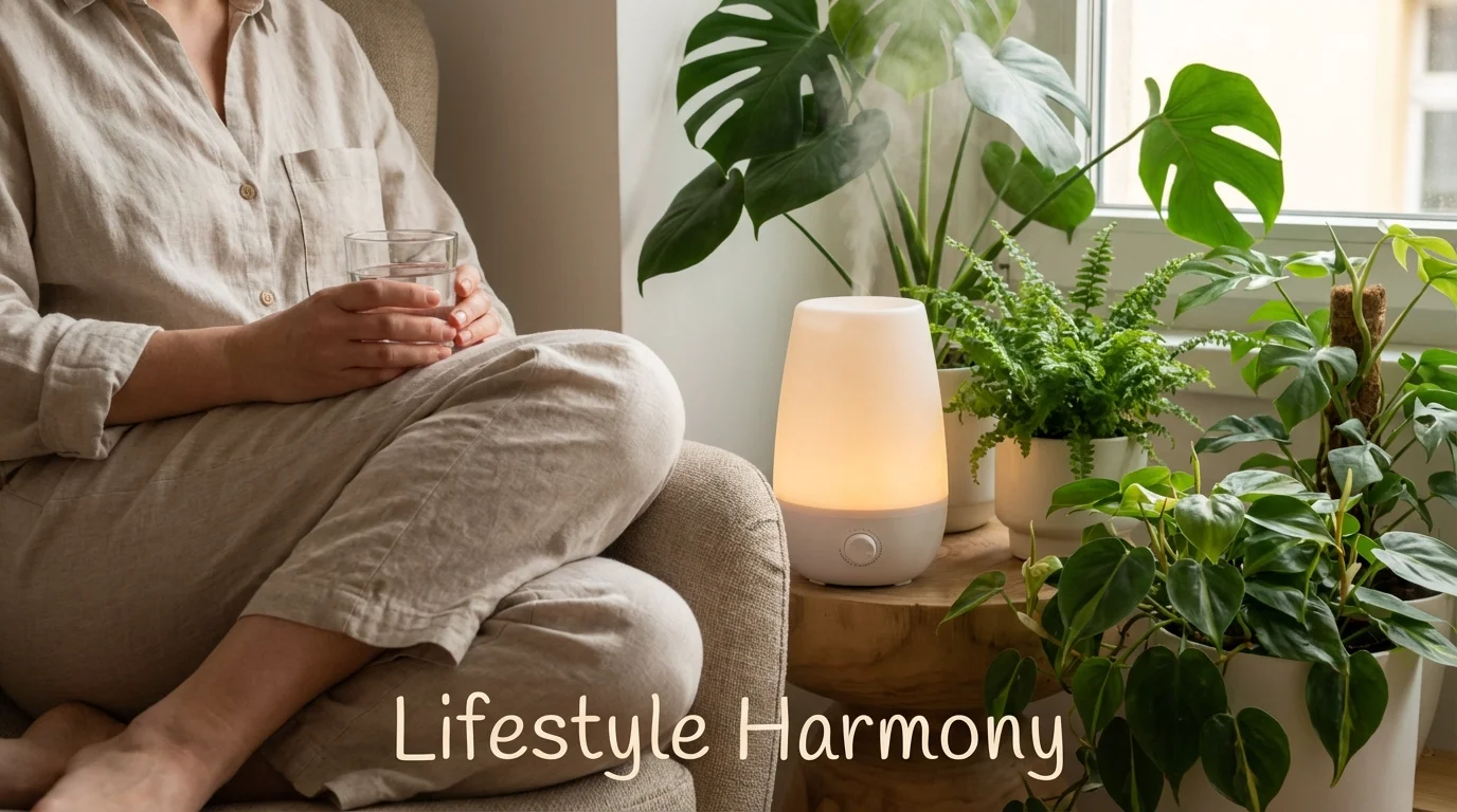 Lifestyle scene showing hydration and humidification for skin health.