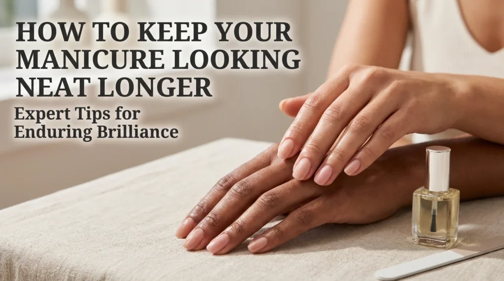 A close-up shot of a woman displaying a fresh, glossy professional manicure to demonstrate long-lasting nail care results.