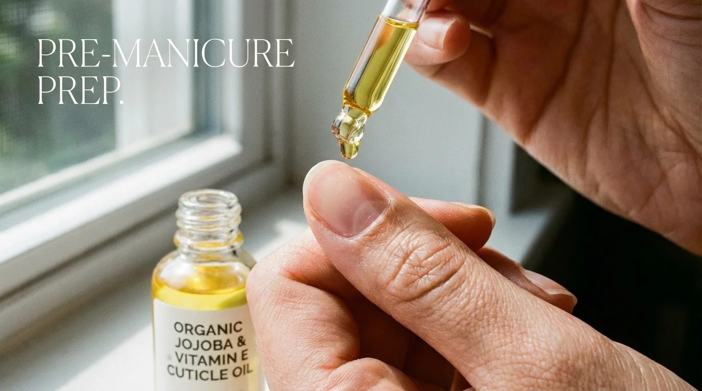 Applying cuticle oil to natural nails before a manicure.