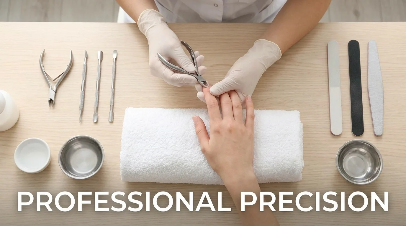 Professional nail technician performing a manicure with precision tools.