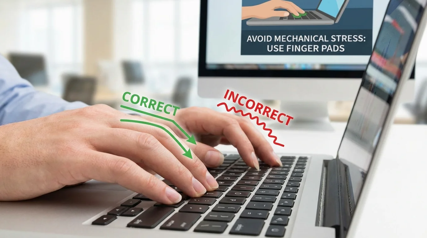 Person typing on a laptop using finger pads to protect their manicure.