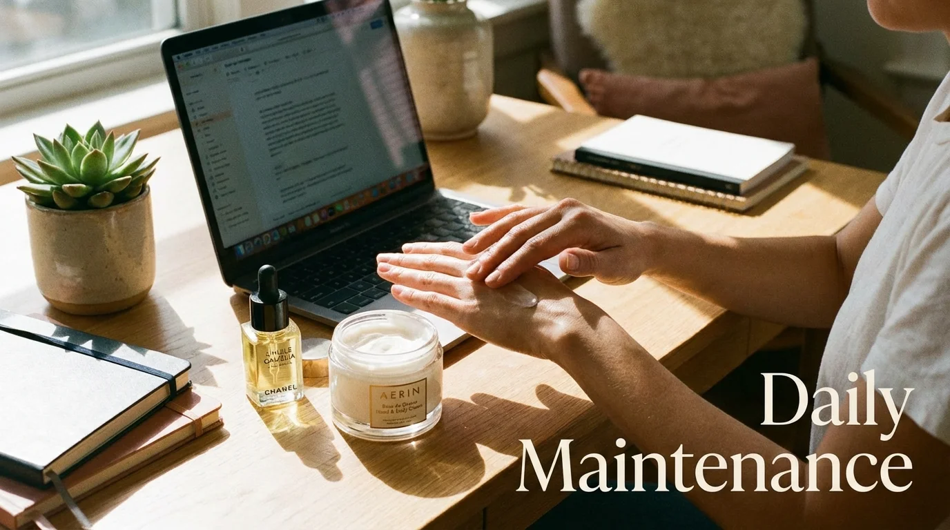 Daily nail maintenance using hand cream and cuticle oil.