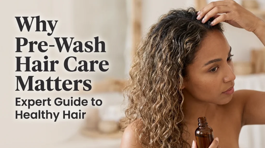 A person applying hair oil and detangling their hair as part of a pre-wash hair care routine for improved hair health.
