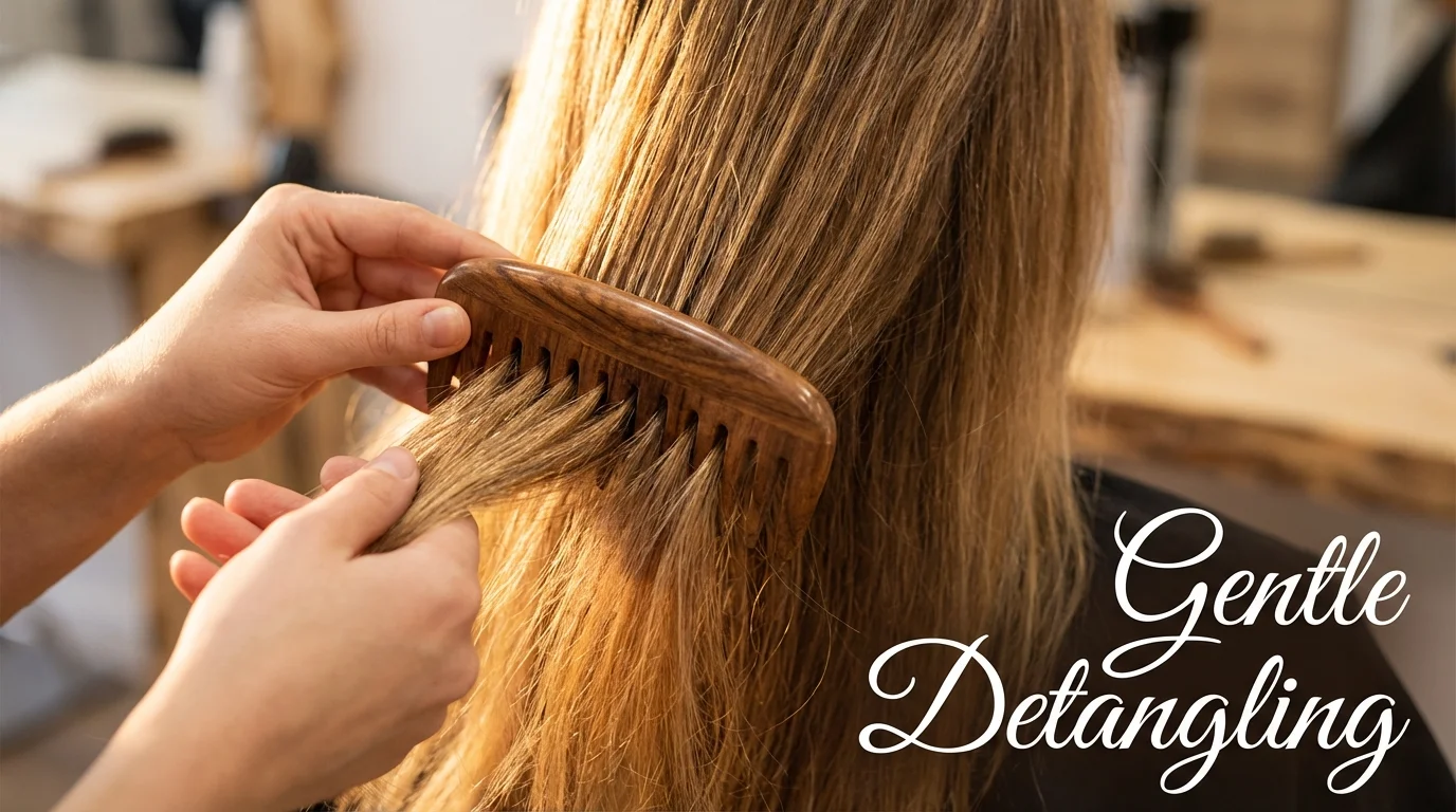 Close-up of a wide-tooth wooden comb detangling dry hair to prevent breakage.