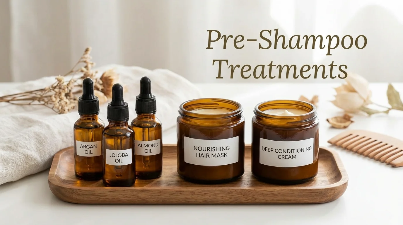 Various hair oils and masks used for professional pre-shampoo treatments.