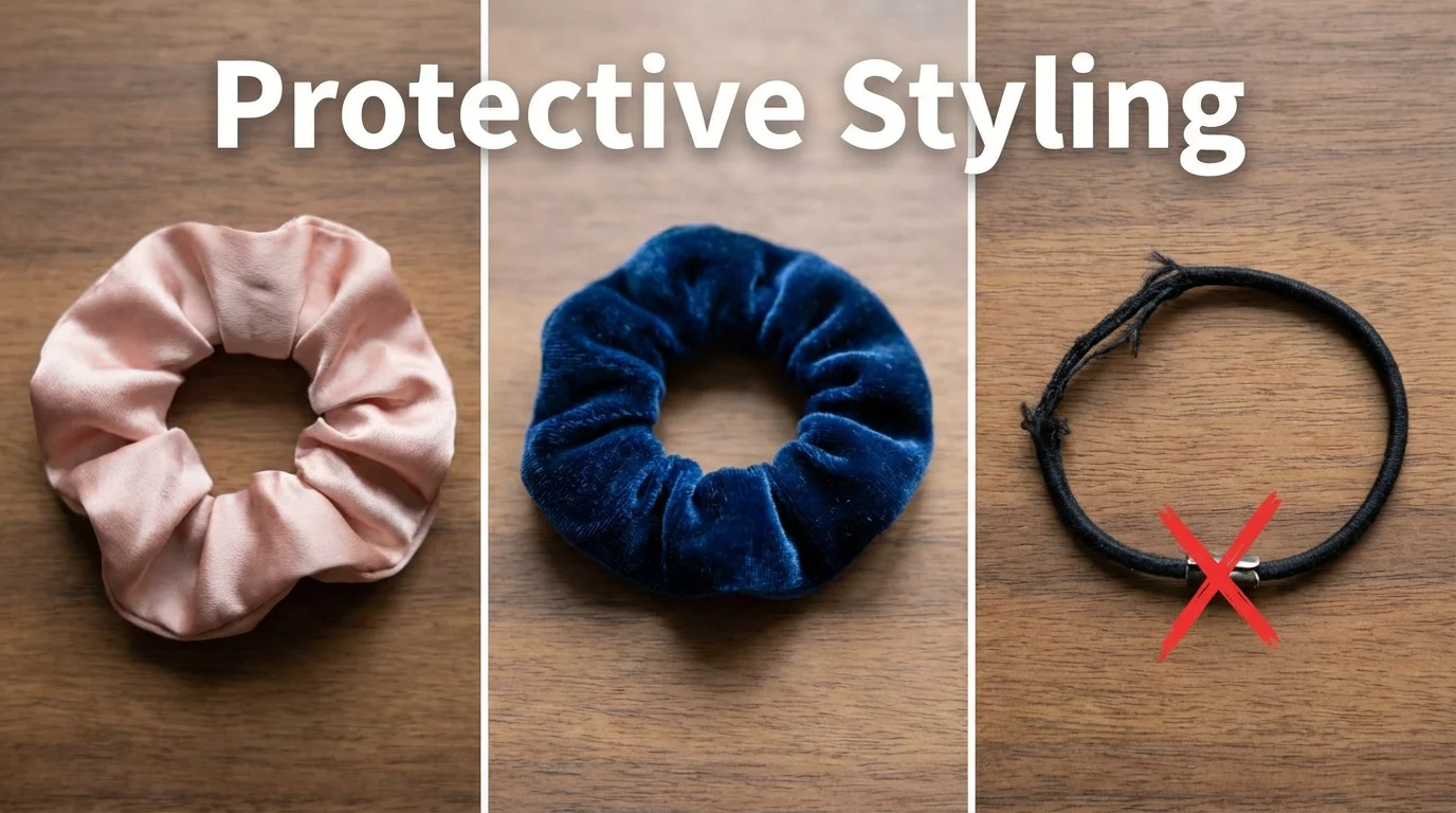 Comparison of hair-friendly silk accessories versus damaging elastic bands.
