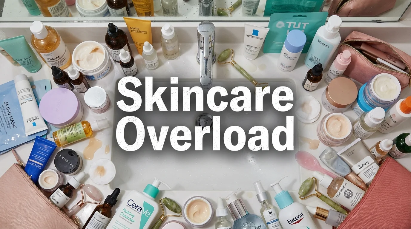 Cluttered bathroom vanity with too many skincare products.