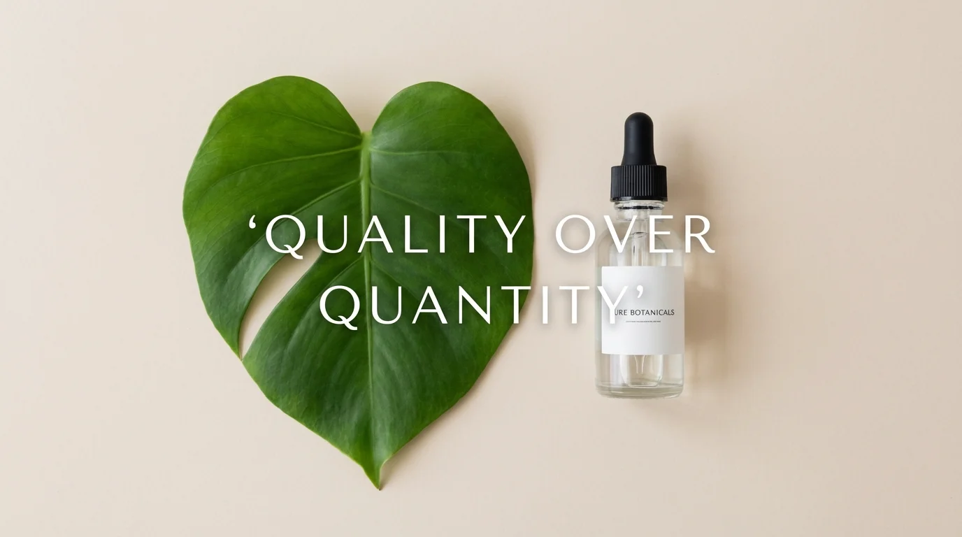 Minimalist dropper bottle and a green leaf.