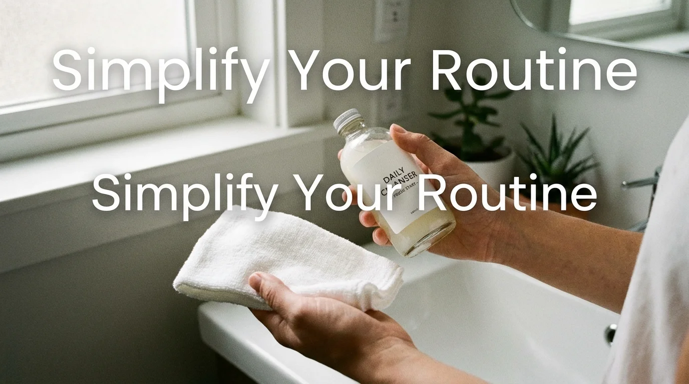 Hands holding a washcloth and a cleanser bottle.