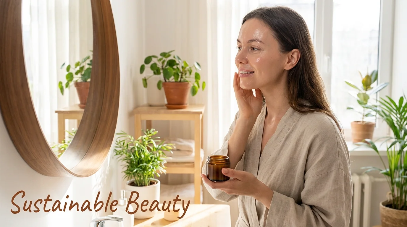 Woman with clear skin looking in the mirror.