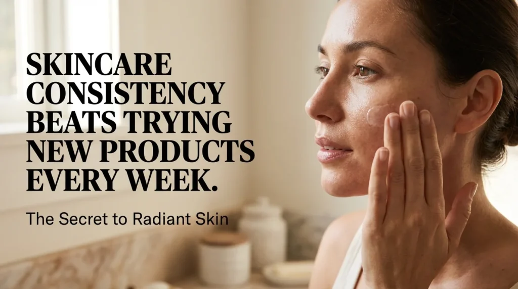 A minimalist bathroom counter featuring a simple daily skincare routine with essential products representing long-term consistency for a healthy skin barrier.