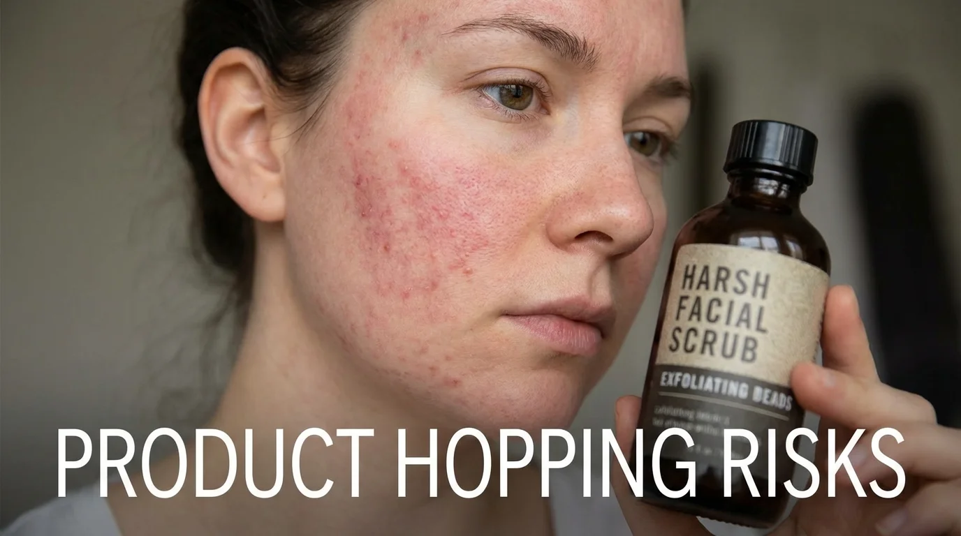 Close-up of skin irritation caused by using too many different skincare products.