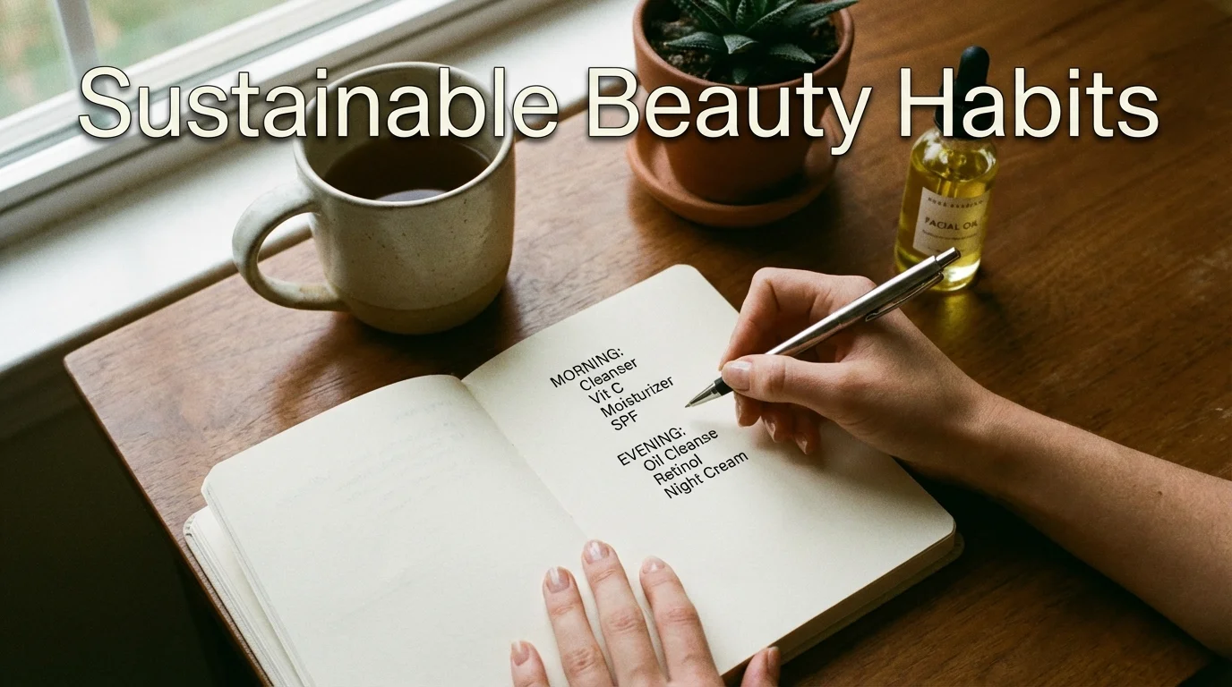 Someone planning a skincare routine in a notebook to ensure consistency.