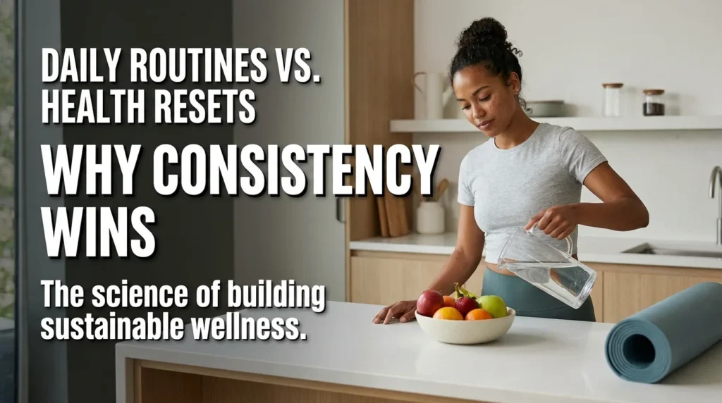 A person performing a consistent morning routine with a healthy breakfast and exercise, illustrating why daily routines are better than short-term health resets.