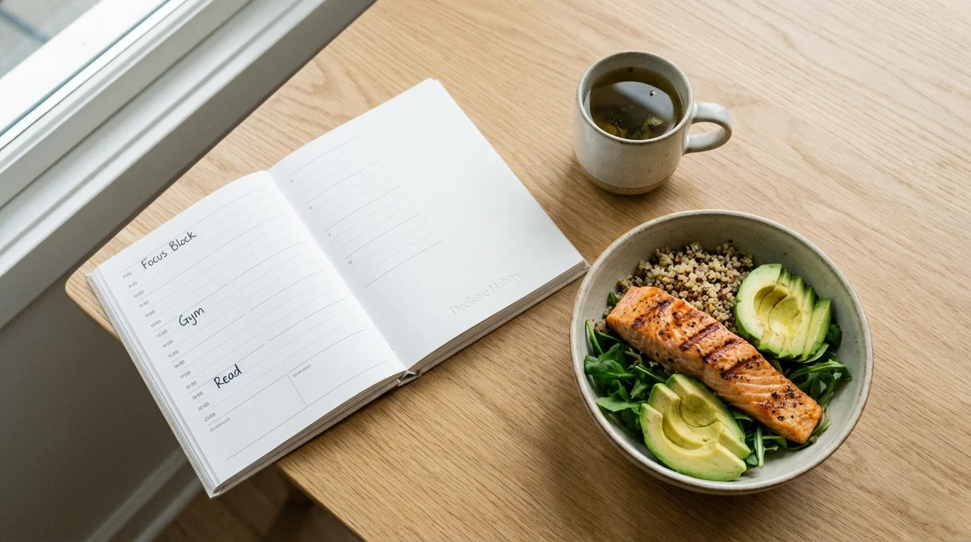 A minimalist view of a planner and healthy meal representing habit structure.