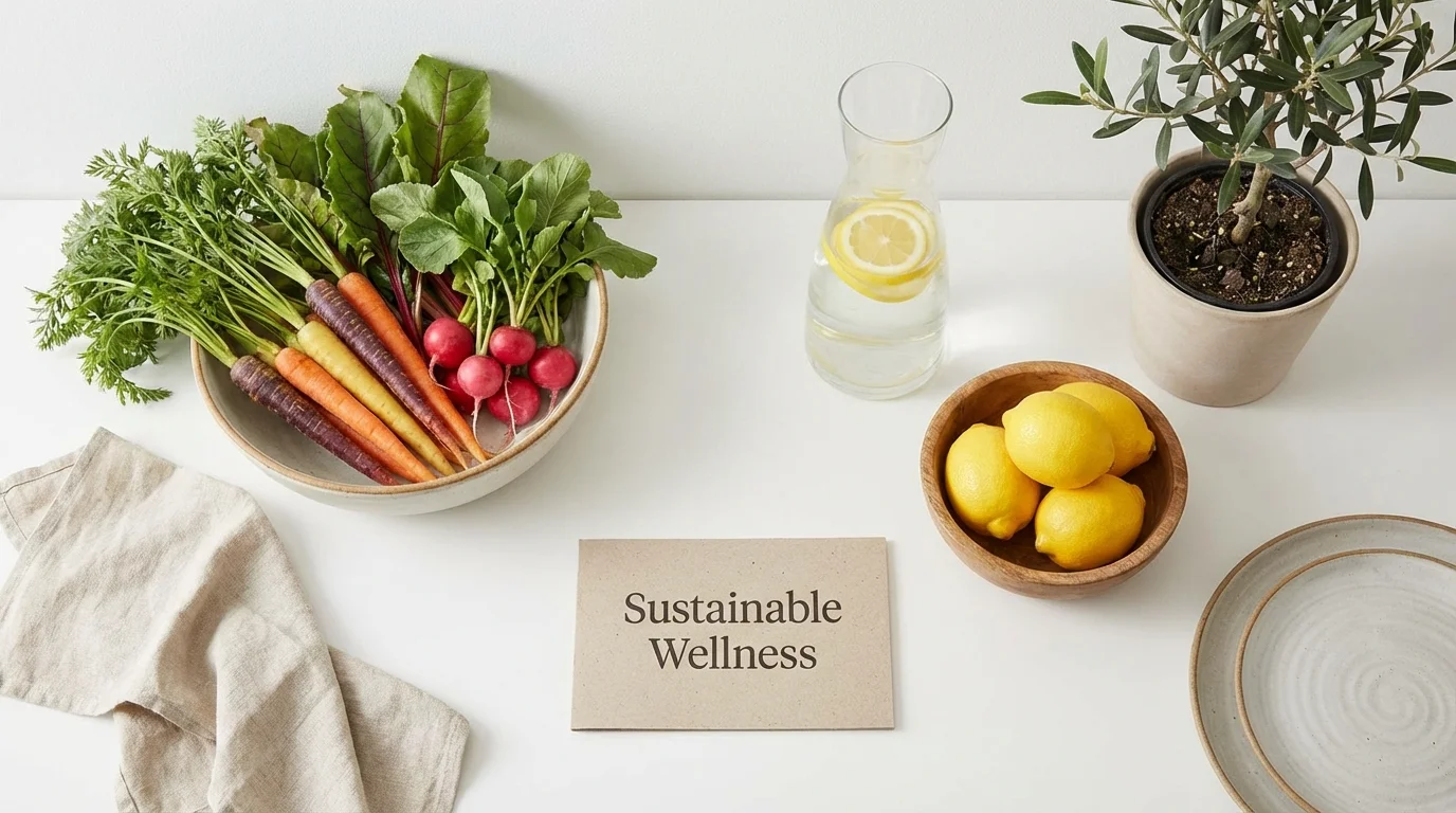 Healthy kitchen ingredients representing a sustainable daily routine.