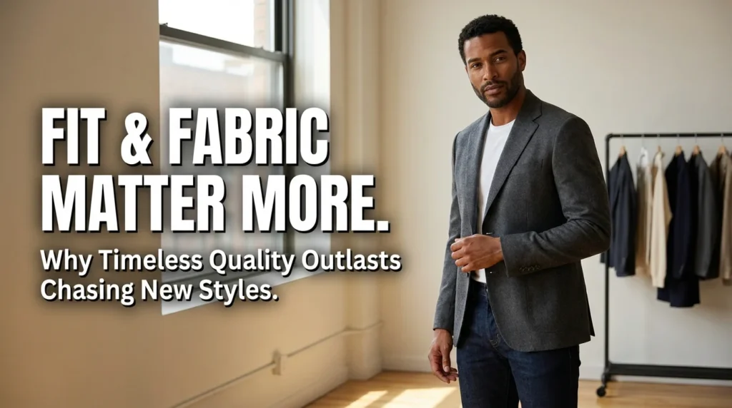 Close-up detail of high-quality textile textures and a perfectly tailored garment highlighting the importance of fit and fabric