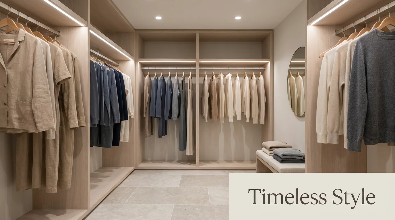 Minimalist wardrobe with high-quality neutral clothing on wooden hangers.