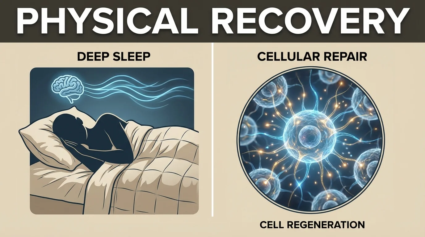 Illustration of cellular regeneration and physical recovery during deep sleep.