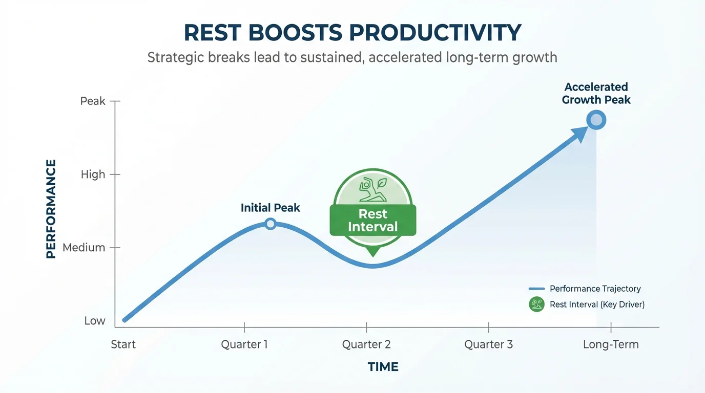 A business graph illustrating how strategic rest intervals lead to higher overall productivity.