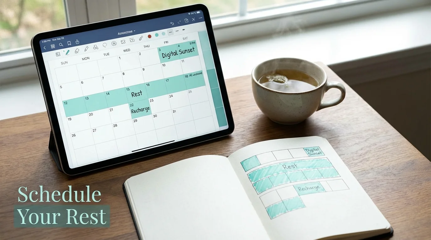 A digital and physical calendar showing scheduled blocks for rest and recovery.