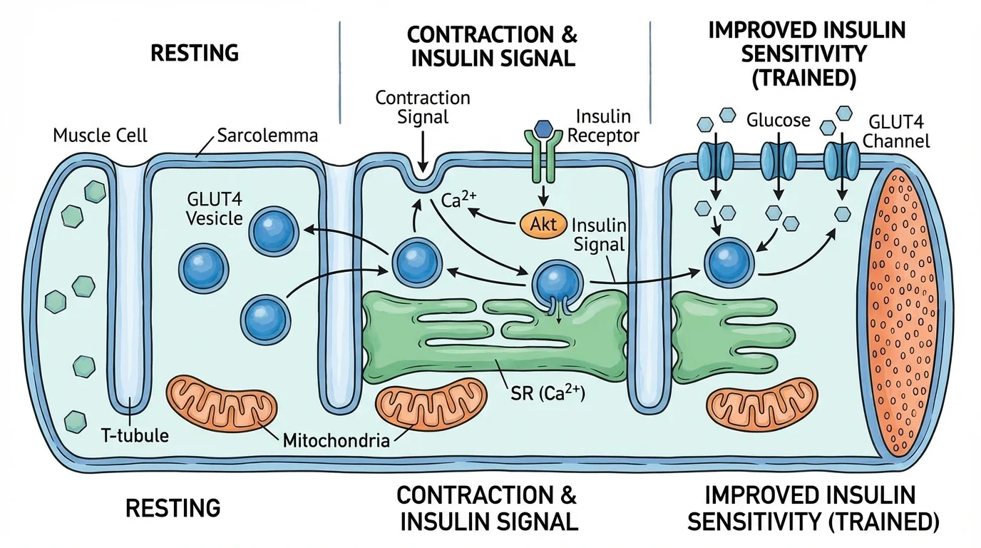Diagram of glucose being absorbed by muscle cells during exercise.