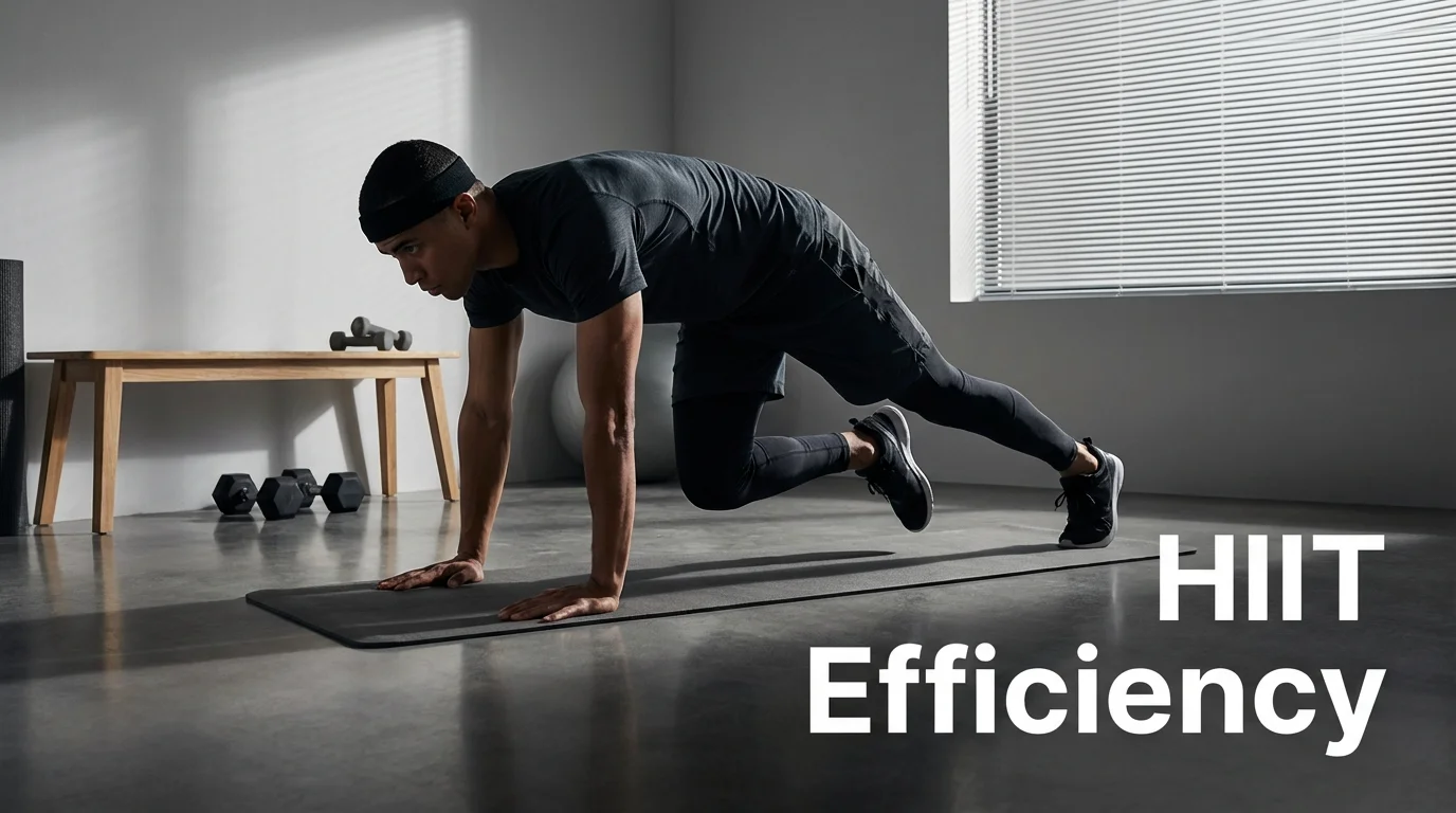 Person performing HIIT mountain climbers in a minimalist gym setting.