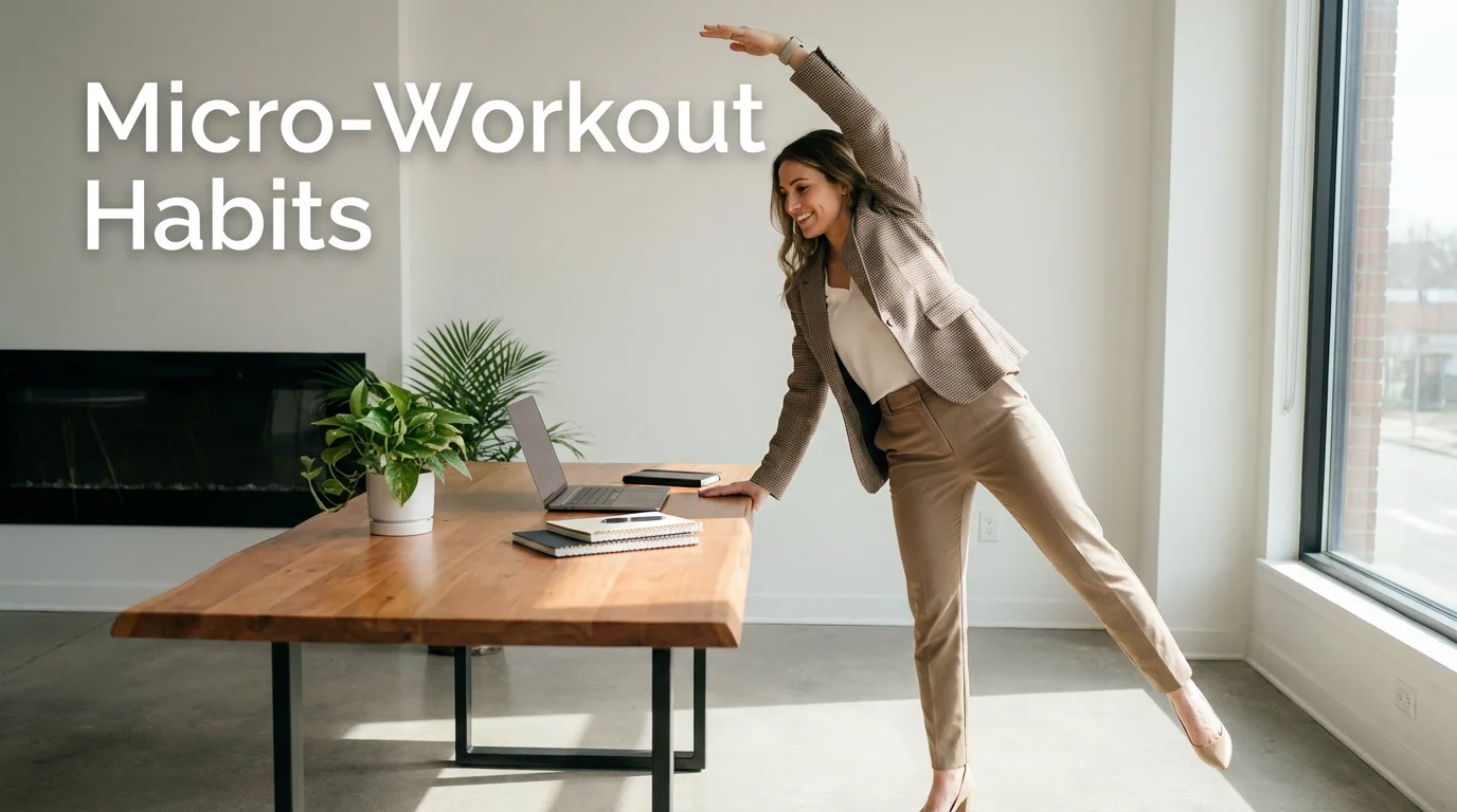 Professional woman performing micro-workouts at her office desk.