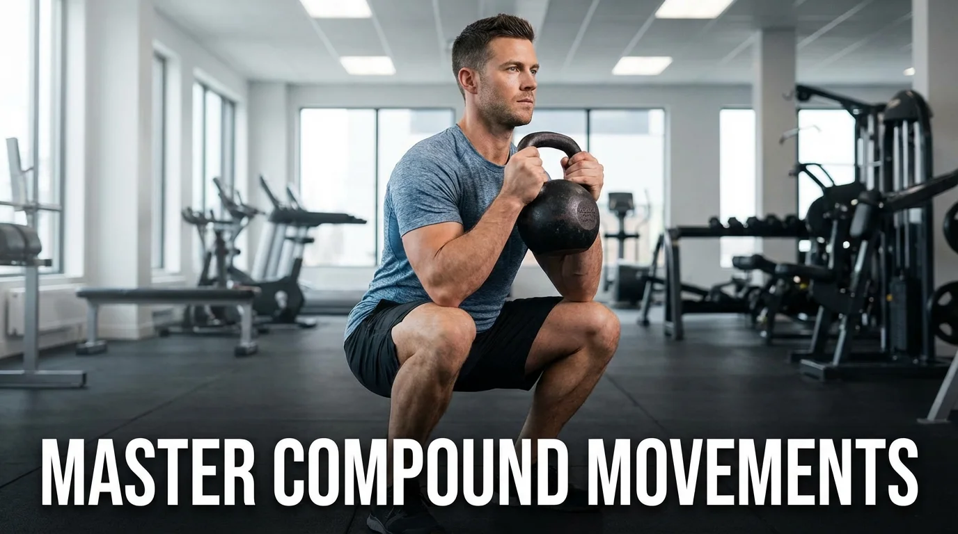 Man performing a weighted goblet squat to demonstrate compound movement efficiency.
